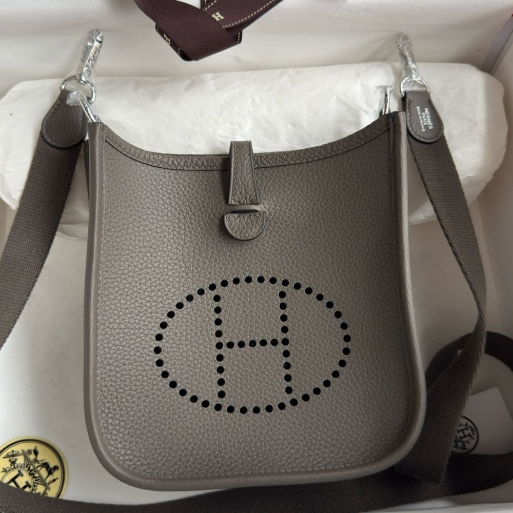 High Quality Replica Hermes Evelyne Mini Handmade Bag in Etain Clemence Leather $ 379 USD